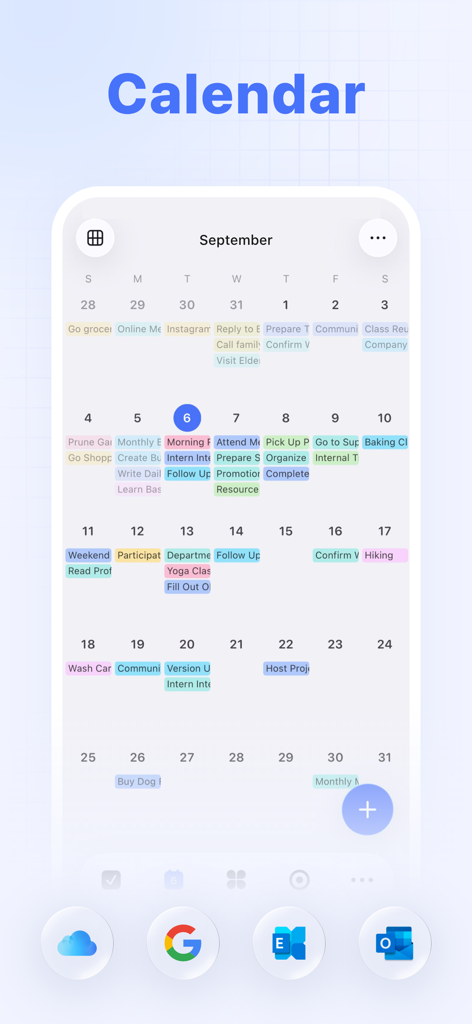 TickTick 앱 캘린더는 월별 작업 및 통합 아이콘을 보여줍니다.