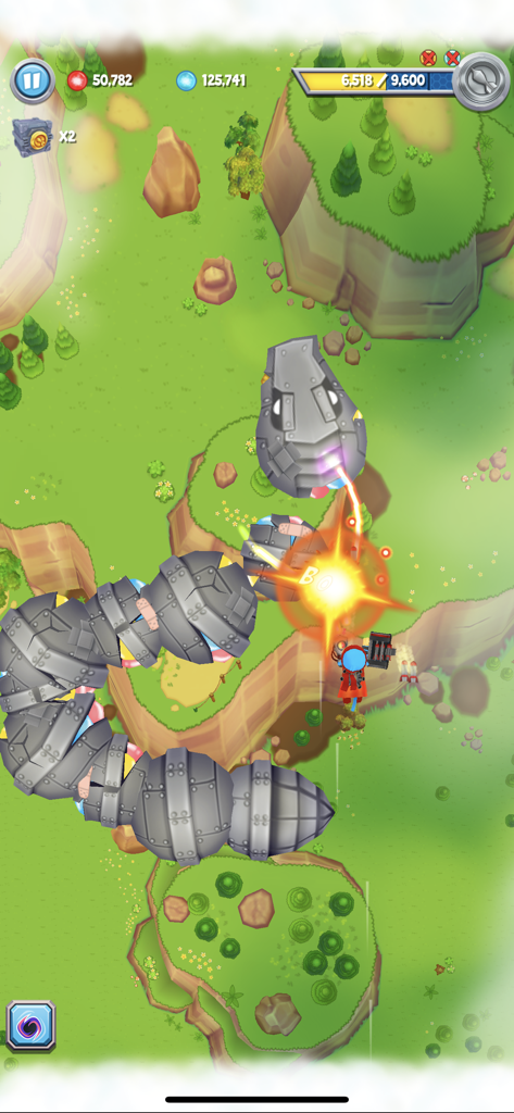 Bloons Supermonkey 2 - Gameplay of Bloons Supermonkey 2 showing a Super Monkey fighting a giant metallic armored worm boss.