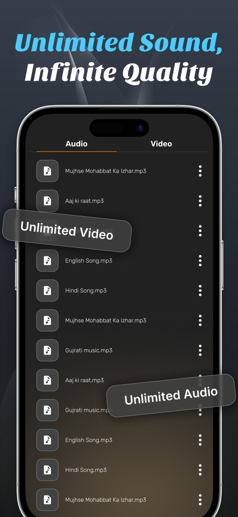 Ai Volume booster - Screenshot of the Ai Volume booster app showing a list of audio files with a dark theme