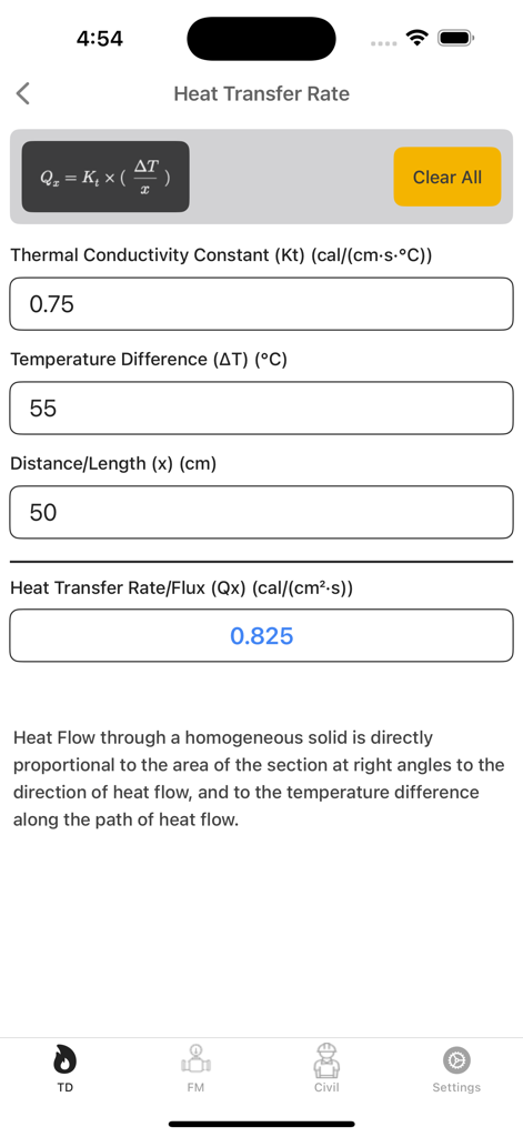 Heat Transfer Rate calculator screen showing input fields and formula.