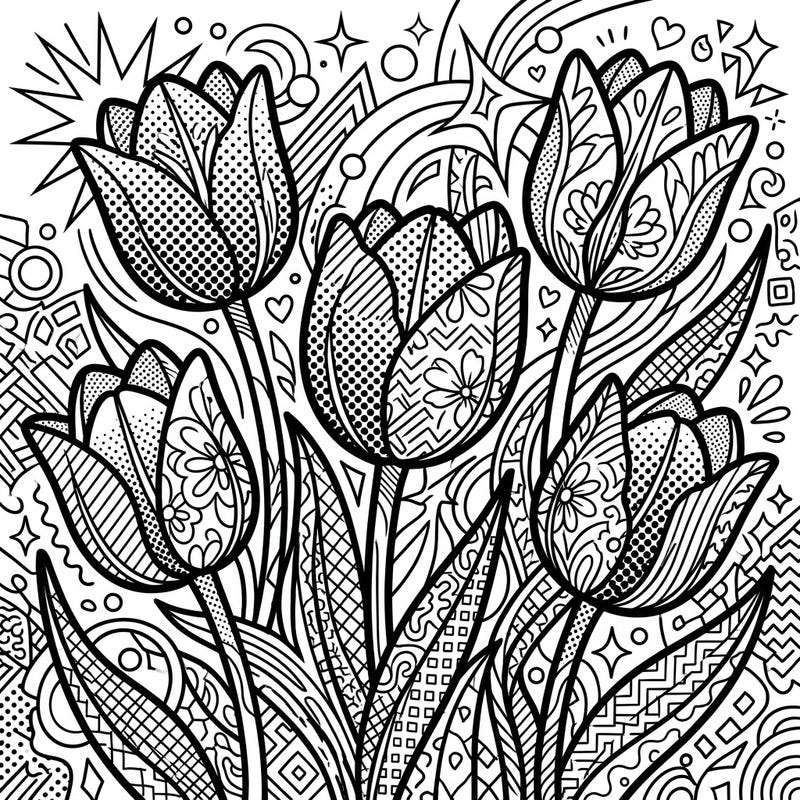 Dive into a world of vibrant creativity with this stunning Pop Art Purple Tulips coloring page. Featuring dynamic patterns and bold outlines, it offers an engaging artistic challenge for all ages.