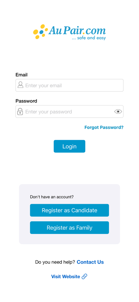 AuPair.com - AuPair.com mobile app login and registration screen for candidates and host families