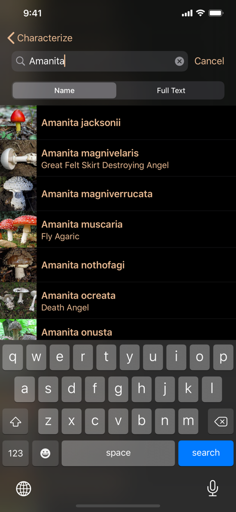 Fungi - A search screen in the Fungi app showing results for Amanita species with photos and common names like Fly Agaric and Death Angel.