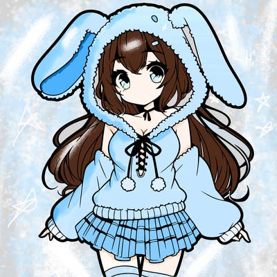 pretty anime girl wearing a fluffy hoodie with bunny ears on the hood and a skirt