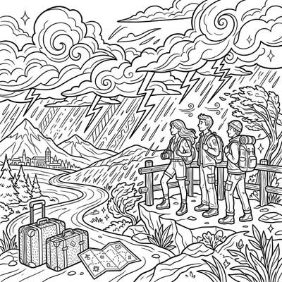 Dive into an adventurous scene where three brave travelers face a dramatic thunderstorm during their vacation. This unique coloring page captures the thrill of exploration amidst powerful pealing thunder and pouring rain.