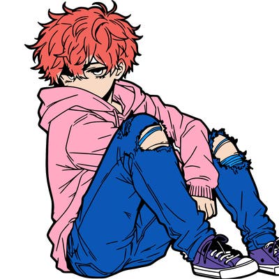 a male hoddie ripped jeans messy hair anime