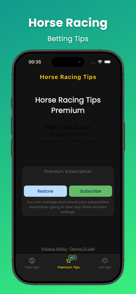 Horse Racing Betting Tips - Horse Racing Betting Tips app premium subscription screen offering high odds races and special predictions.