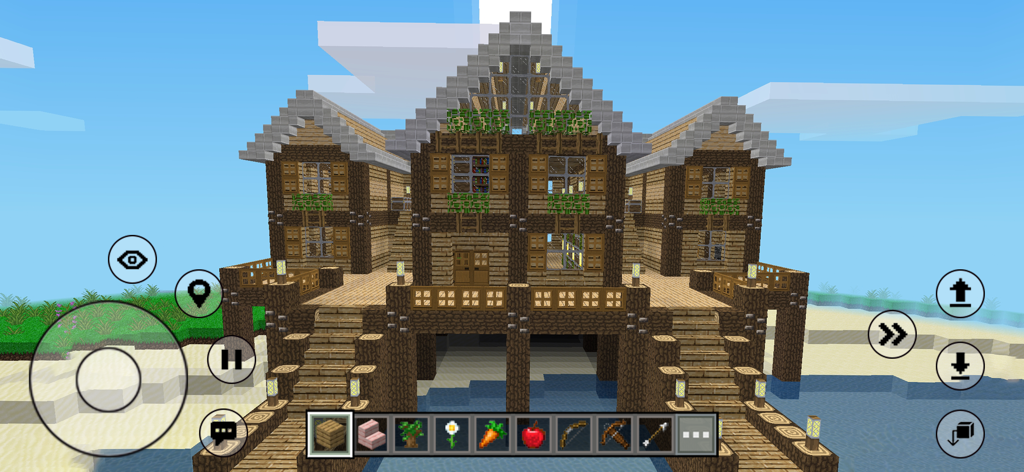 Mini Block City Craft - A large wooden and stone mansion built over water in the Mini Block City Craft sandbox game