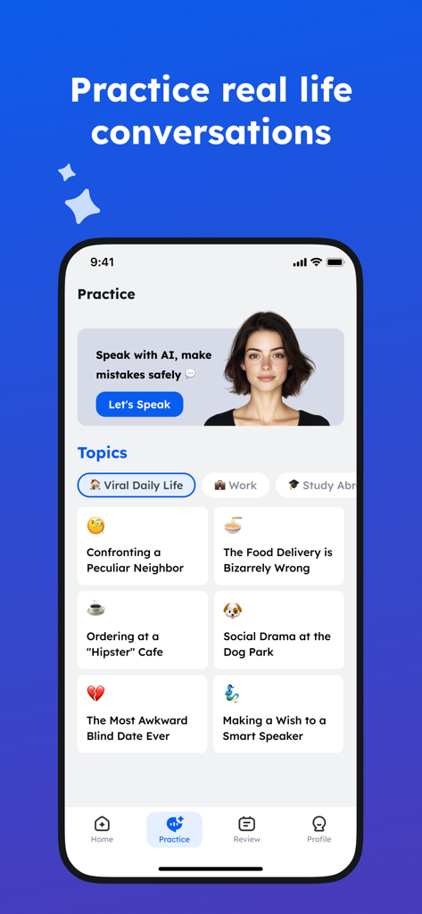 Captura de tela do aplicativo Easy Speak mostrando vários tópicos de conversação em inglês impulsionados por IA e um chamado para ação para praticar cenários da vida real.