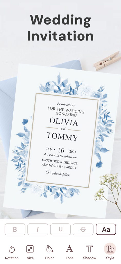 Mobile app interface showing the design of a floral blue wedding invitation with text and font editing tools