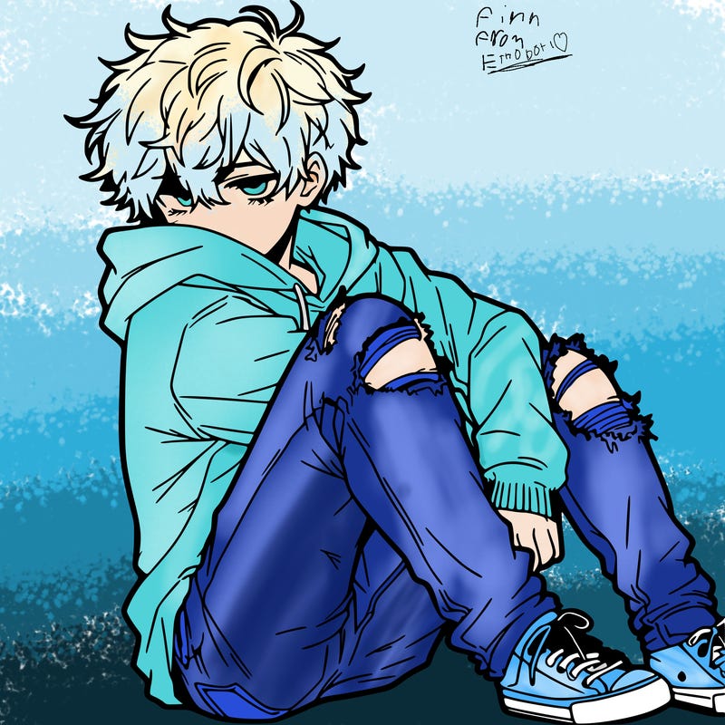 a male hoddie ripped jeans messy hair anime