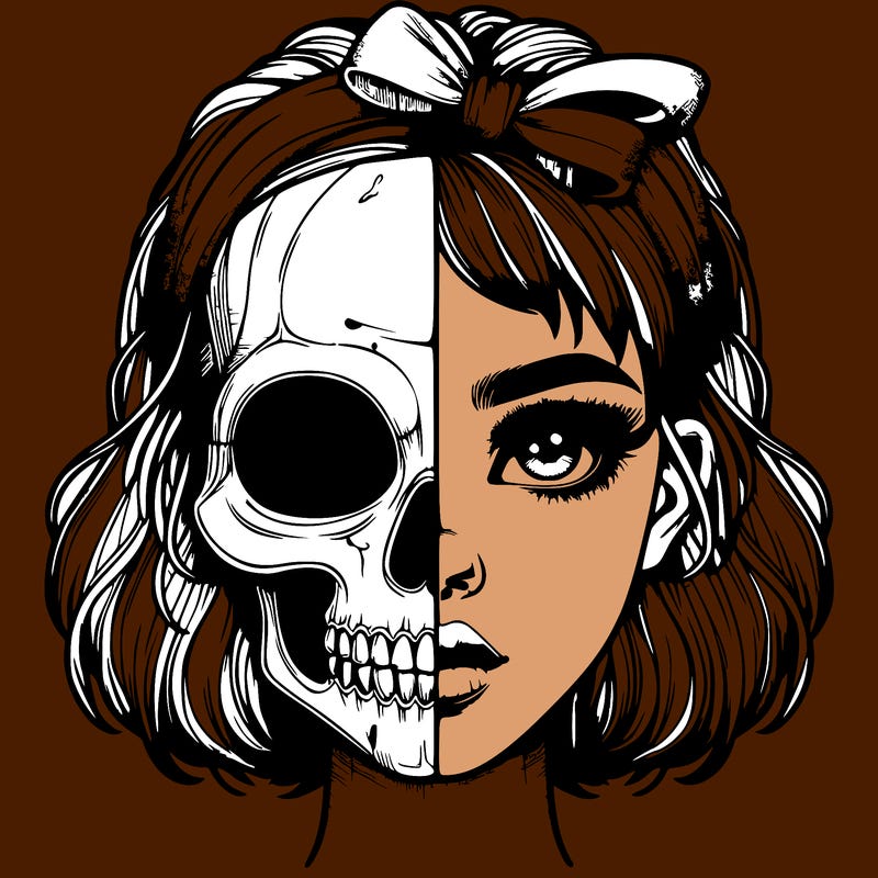 realistic girl with half skull mask