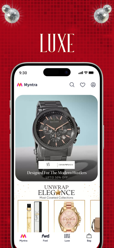 Myntra - Fashion Shopping App - Interfaz de la aplicación Myntra mostrando la categoría Luxe con relojes Armani Exchange y marcas de moda premium