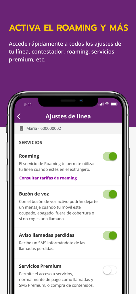 Llamaya mobile app interface showing line settings screen with toggles for roaming and voicemail services