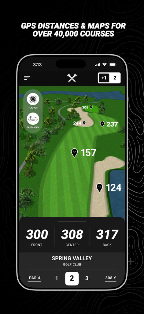 Blue Tees GAME: AI Golf GPS - L'app Blue Tees GAME mostra una mappa 3D di un campo da golf con indicatori di distanza e distanze GPS per oltre 40.000 campi.