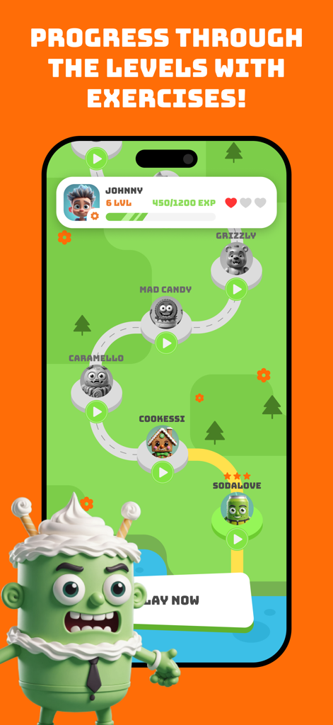FitKid: Exercises For Kids - Mapa del juego de la aplicación FitKid que muestra el progreso a través de niveles de ejercicio con personajes de dibujos animados.