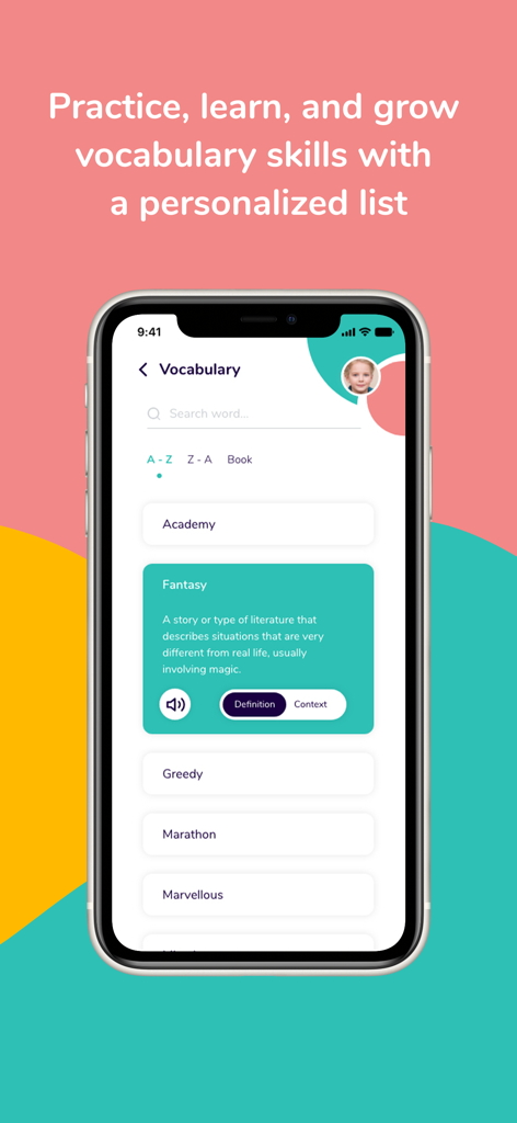 Readability - Learn to Read - A personalized vocabulary list in the Readability app showing the definition and pronunciation of words for kids learning to read.