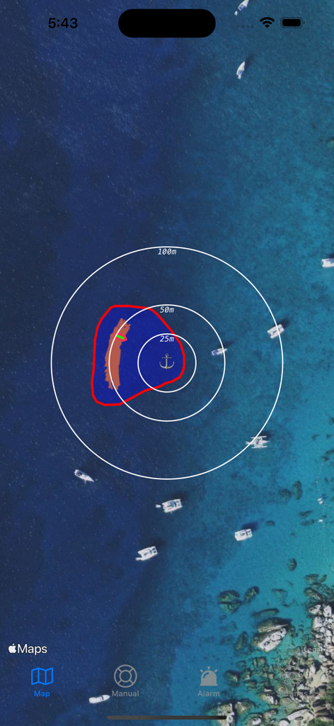 Anchor Alarm - Anchor Watch - Satellite map view showing a custom red anchor boundary and ship movement track