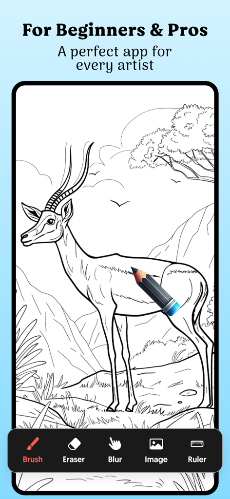 SketchBook Draw Art & Paint - Digital sketch of an antelope on a mobile screen using the SketchBook Draw Art and Paint app showing the user interface with brush and eraser tools