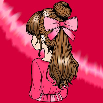 realistic girl  with hip length hair a bun and a big bow on the back of head
