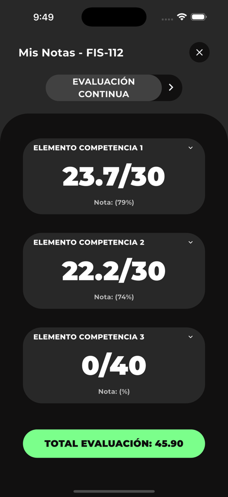 Visualizzazione dei voti dello studente nell'app universitaria UCB Movil.