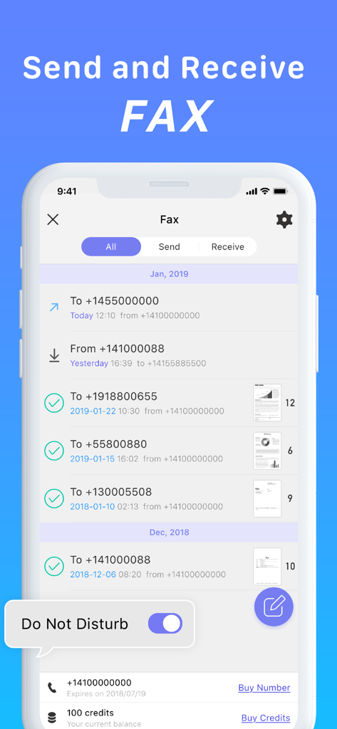 Faster Scan - Fast PDF Scanner - Faster Scan app interface displaying a list of sent and received faxes on a mobile phone.
