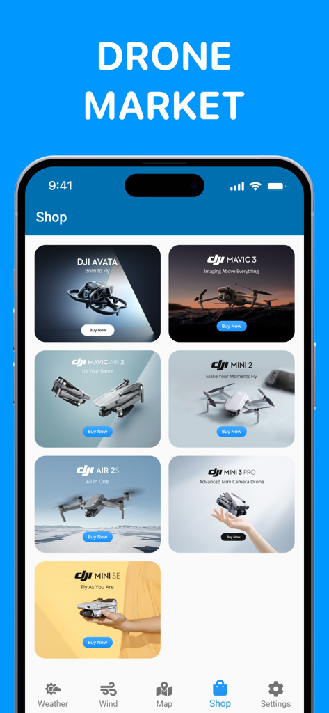 Drone Forecast. UAV Air map - A shop interface in the Drone Forecast app displaying various DJI drone models