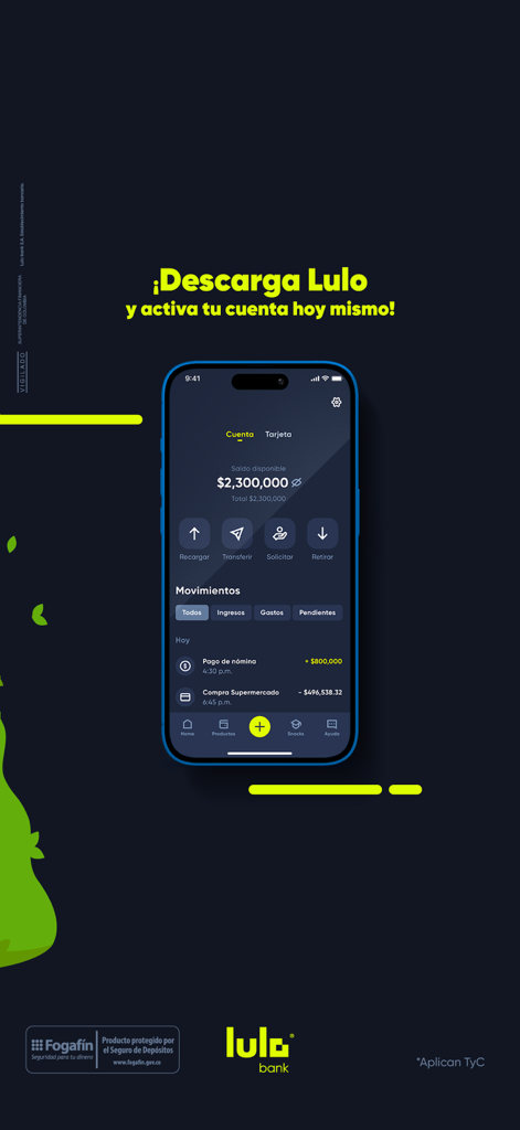 Lulo Bank mobile app interface showing available balance and recent transaction history on a smartphone