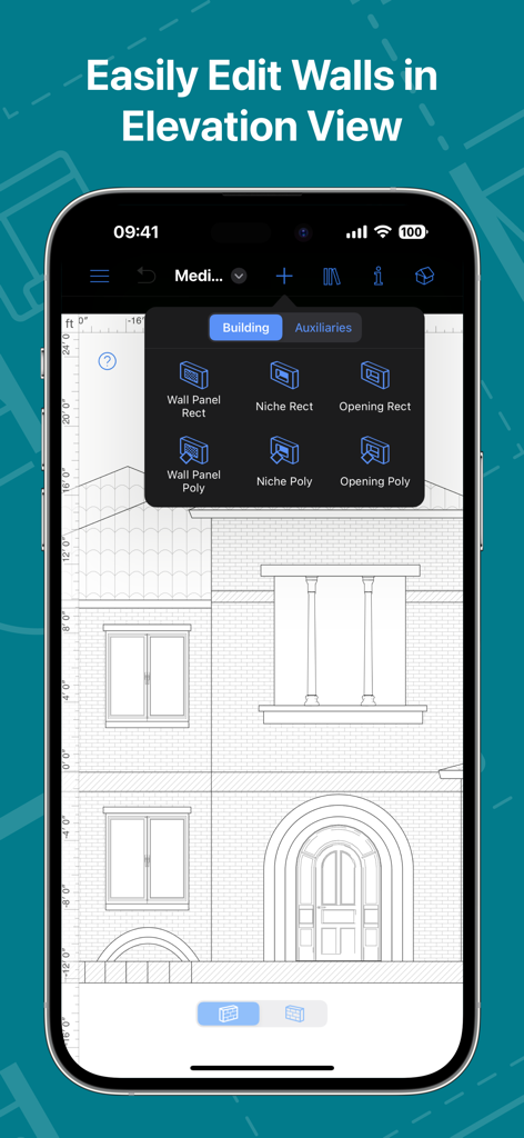 Un écran de smartphone montrant l'interface de l'application Live Home 3D Pro pour l'édition des murs de la maison et des détails architecturaux dans une vue en élévation 2D.