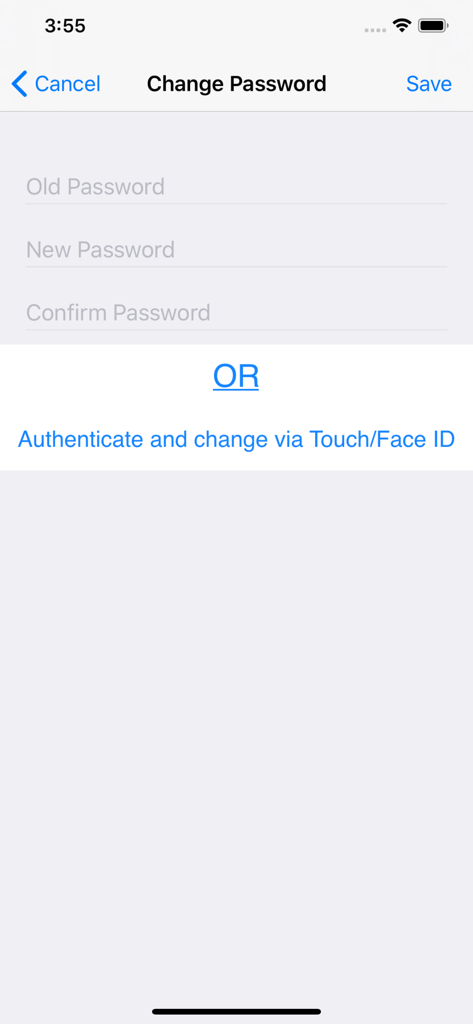 PassDiary Password Manager - O ecrã de alteração de palavra-passe do PassDiary mostrando campos de introdução para palavra-passe antiga e nova e opções de autenticação biométrica.