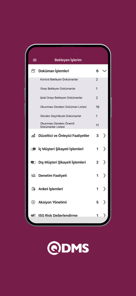 QDMS v2 - Bimser Çözüm - Mobile Oberfläche von QDMS v2, die eine Liste anstehender Aufgaben im Qualitätsmanagement und Dokumentenoperationen anzeigt.
