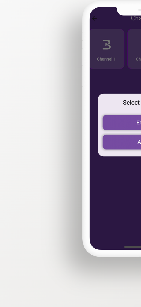 Buz TV mobile app interface showing a channel selection menu with a dark purple theme