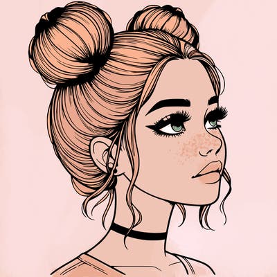 realistic girl with buns on the top of her head
