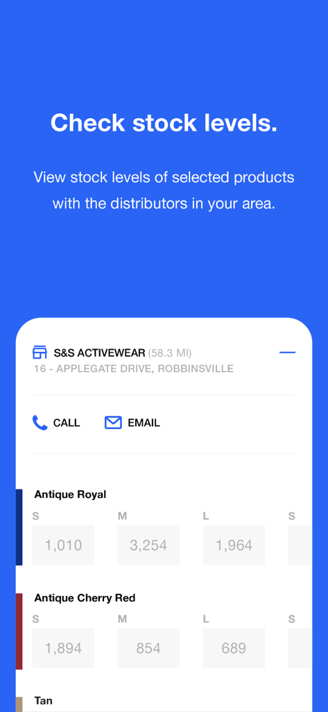 Gildan Product Locator - Gildan Product Locator app interface for checking shirt inventory at local distributors.