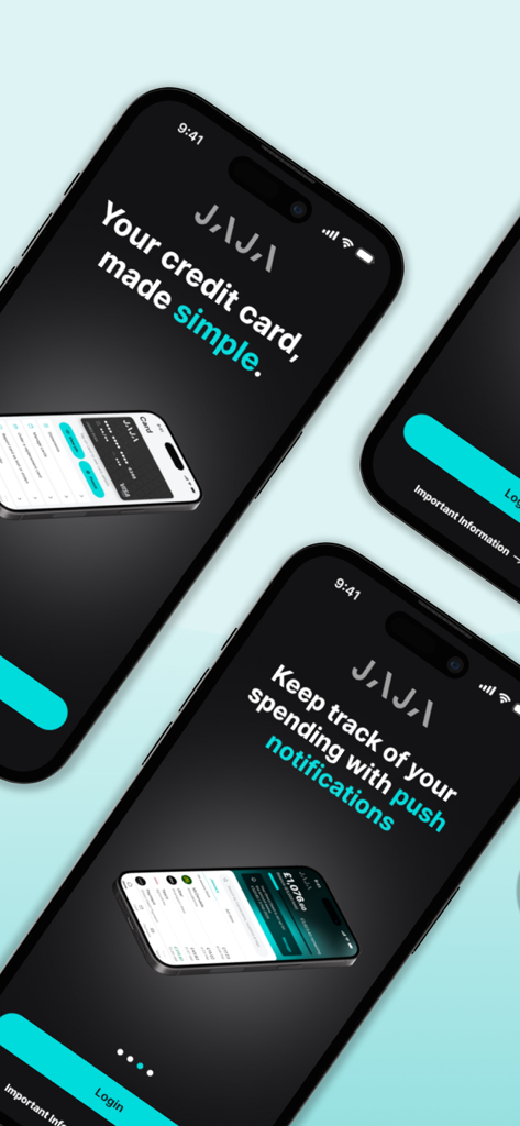 Jaja Credit Card - Écrans mobiles de l'application Carte de crédit Jaja mettant en avant le suivi des dépenses et les notifications push en temps réel.
