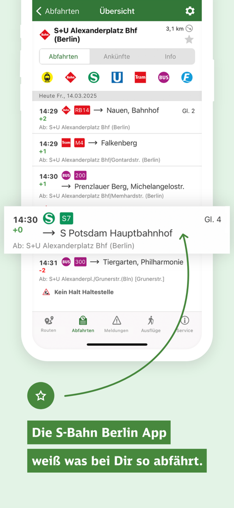 S-Bahn Berlin app interface showing real-time departures for trains and buses