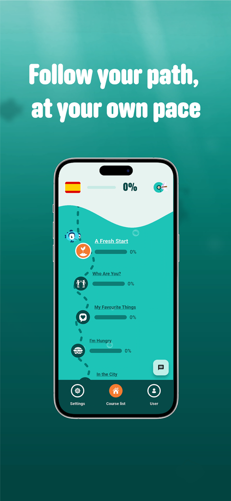 WordDive: Learn a new language - WordDive app interface showing a structured Spanish learning path with lesson progress indicators