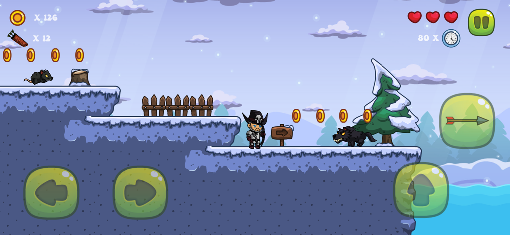 Archer's World - Archer character navigating a snowy platformer level with monsters and coins