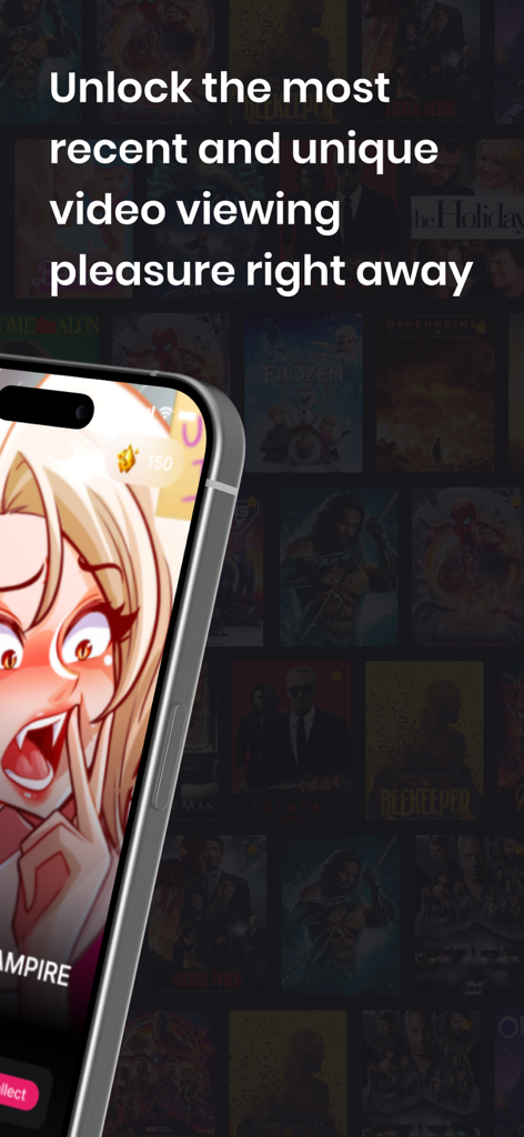 Smartphone displaying the Zumi app interface with an anime character over a grid of movie posters