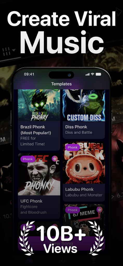 Interfaccia dell'app Phonk Maker che mostra template musicali per edit virali sui social media