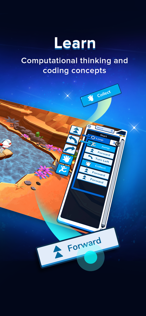 Coding Galaxy app interface for learning computational thinking and coding concepts