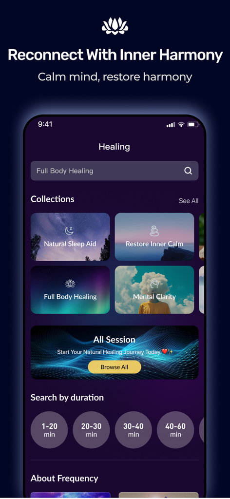 Frequency: Healing Sounds - Frequency Healing Sounds app dashboard showing various sound therapy collections for sleep and mental clarity