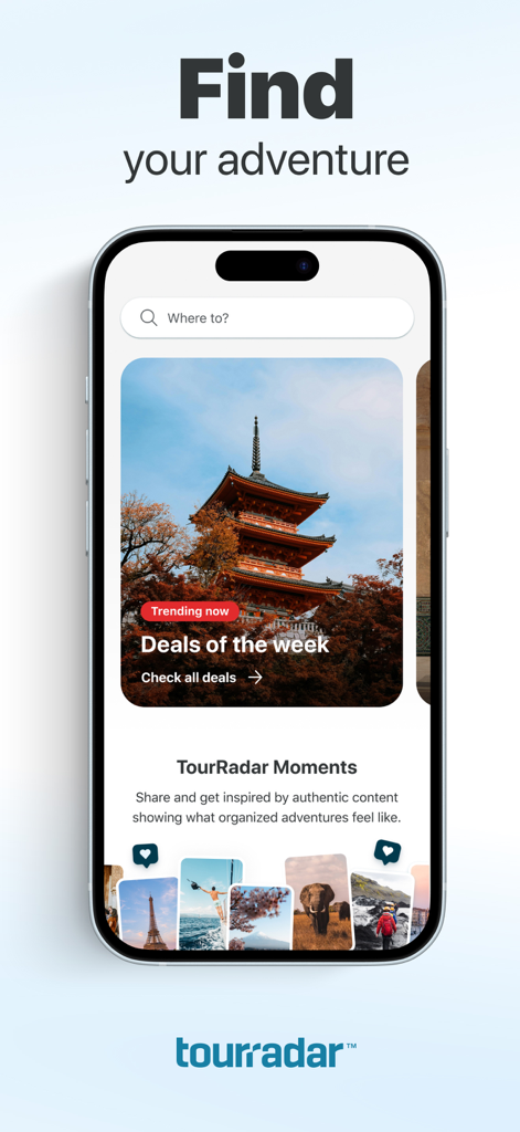 TourRadar: Tours & Adventures - Pantalla de inicio de la aplicación móvil TourRadar que muestra búsqueda de viajes de aventura y ofertas