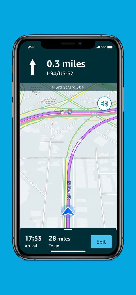 Amazon Relay - Amazon Relay mobile app interface showing truck-friendly GPS navigation with route guidance and estimated arrival time.