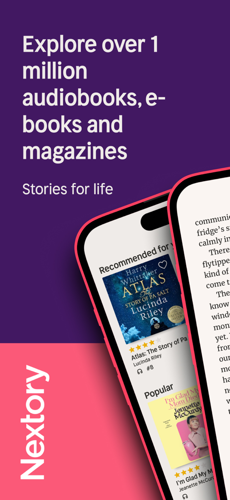 Nextory mobile app screen showing book recommendations and an e-book reader interface