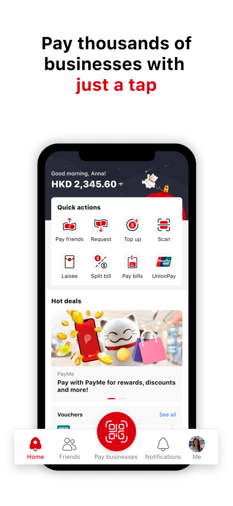 PayMe by HSBC app dashboard showing account balance, quick actions like Pay friends and Laisee, and a large red QR payment button