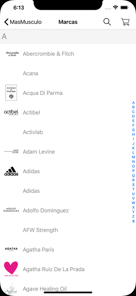 Alphabetical directory of supplement and fitness brands in the MASmusculo app
