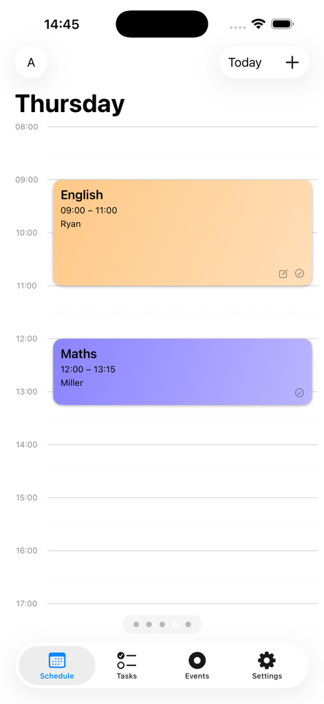 Timetable – Schedule & Tasks - Horario diario minimalista que muestra clases de inglés y matemáticas codificadas por colores un jueves