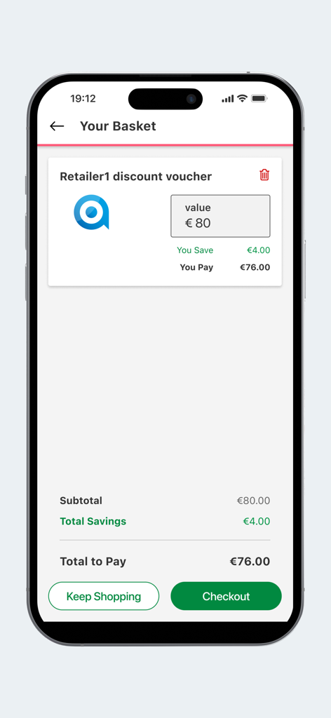 Cesta de compras en la aplicación Edenred Discounts mostrando un vale para comercios minoristas con ahorros aplicados.