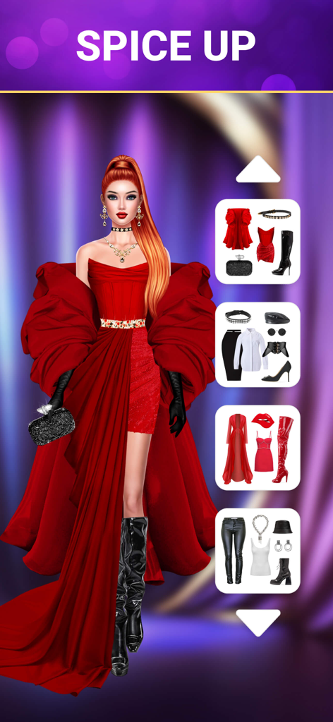 SUITSME: Dress Up Fashion Game - A stylish model in a dramatic red gown and black accessories from the SUITSME dress up game